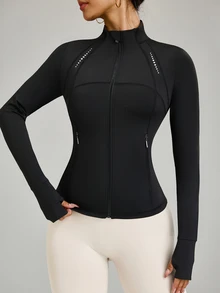 Slayform Slayform Women's Minimalist Printed Zip-Up Long Sleeve Sports Jacket Black Workout Jacket - Black - View 8