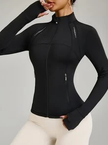 Slayform Slayform Women's Minimalist Printed Zip-Up Long Sleeve Sports Jacket Black Workout Jacket - Black - View 3