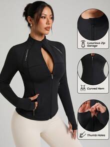 Slayform Slayform Women's Minimalist Printed Zip-Up Long Sleeve Sports Jacket Black Workout Jacket - Black - View 2