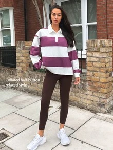 Fluxe Women Burgundy Fleece Lined Polo Collar Sweatshirt Striped Color Block Half Button Pullover Oversized Drop Shoulder Gym Workout Warm Sportswear Top - Apricot - View 10