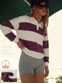Fluxe Women Burgundy Fleece Lined Polo Collar Sweatshirt Striped Color Block Half Button Pullover Oversized Drop Shoulder Gym Workout Warm Sportswear Top - Apricot - View 4