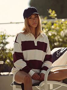 Fluxe Women Burgundy Fleece Lined Polo Collar Sweatshirt Striped Color Block Half Button Pullover Oversized Drop Shoulder Gym Workout Warm Sportswear Top - Apricot - View 6