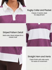 Fluxe Women Burgundy Fleece Lined Polo Collar Sweatshirt Striped Color Block Half Button Pullover Oversized Drop Shoulder Gym Workout Warm Sportswear Top - Apricot - View 13
