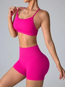 Slayform Slayform Hot Pink Summer Athleisure Sexy Athletic Gym Women's Seamless Sports Set High Waist Tummy Control Racerback Tank Top Yoga Fitness Running Workout Set - Hot Pink - View 4