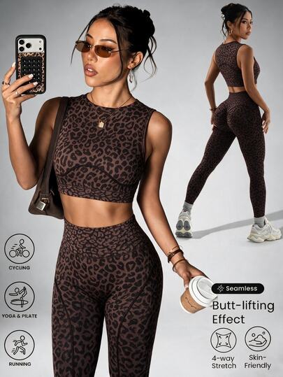Slayform Slayform 2 pezzi Set sportivo da donna composto da top senza maniche aderente e leggings corti, in stampa leopardata, senza cuciture, adatto per corsa, fitness, yoga, danza
