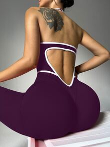 Slayform Slayform Women's Summer Contrast Trim Halter Flare Jumpsuit - Purple - View 3