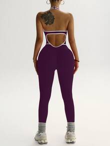 Slayform Slayform Women's Summer Contrast Trim Halter Flare Jumpsuit - Purple - View 7