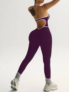 Slayform Slayform Women's Summer Contrast Trim Halter Flare Jumpsuit - Purple - View 6