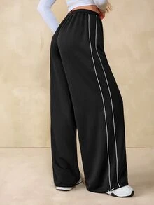 SHEIN Tall Summer Sport Casual Logo Pattern Baggy Sweatpants - Black - View 2