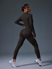 Slayform Slayform Women Dark Brown Seamless Ribbed Zipper Long Sleeve Jumpsuit, Autumn Athleisure Gym Workout Yoga Bodysuit, Tummy Control Compression Shaping Suit - Mocha Brown - View 3