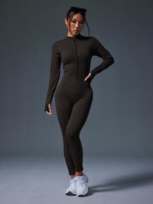 Slayform Slayform Women Dark Brown Seamless Ribbed Zipper Long Sleeve Jumpsuit, Autumn Athleisure Gym Workout Yoga Bodysuit, Tummy Control Compression Shaping Suit - Mocha Brown - View 6