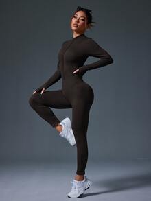 Slayform Slayform Women Dark Brown Seamless Ribbed Zipper Long Sleeve Jumpsuit, Autumn Athleisure Gym Workout Yoga Bodysuit, Tummy Control Compression Shaping Suit - Mocha Brown - View 5