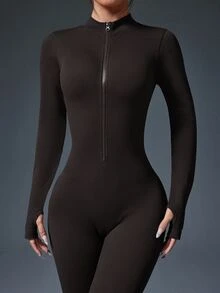 Slayform Slayform Women Dark Brown Seamless Ribbed Zipper Long Sleeve Jumpsuit, Autumn Athleisure Gym Workout Yoga Bodysuit, Tummy Control Compression Shaping Suit - Mocha Brown - View 7