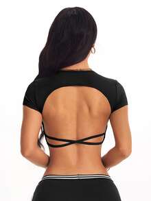 Slayform Slayform Kaos Olahraga Wanita Model Crop Tanpa Punggung dengan Tali Bahu Tipis, Atasan Olahraga dengan Punggung Terbuka, Atasan Atletik dengan Punggung Terbuka, Atasan Gym dengan Punggung Terbuka - Hitam - View 5