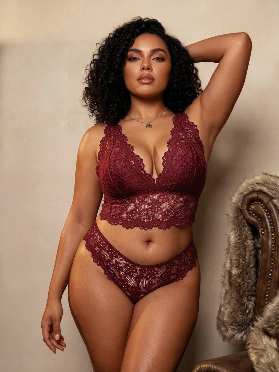 SHEIN Plus Size Women's Floral Lace Back Faux Pearl Decor Lingerie Set - Burgundy - View 1