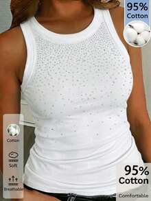 Slaydiva 95% Cotton Comfortable Soft Rhinestone Tank Top Plus Size Casual Basic Fitted White Round Neck Cold Shoulder Tank Top - White - View 2