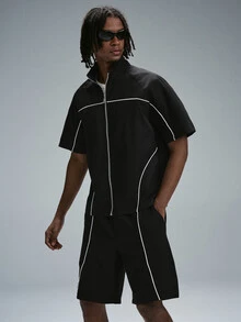 Manfinity Hypemode Men's Short Sleeve Zipper Placket Shirt And Shorts Casual Streetwear Set Vacation Beach Black And White Summer - Black - View 5