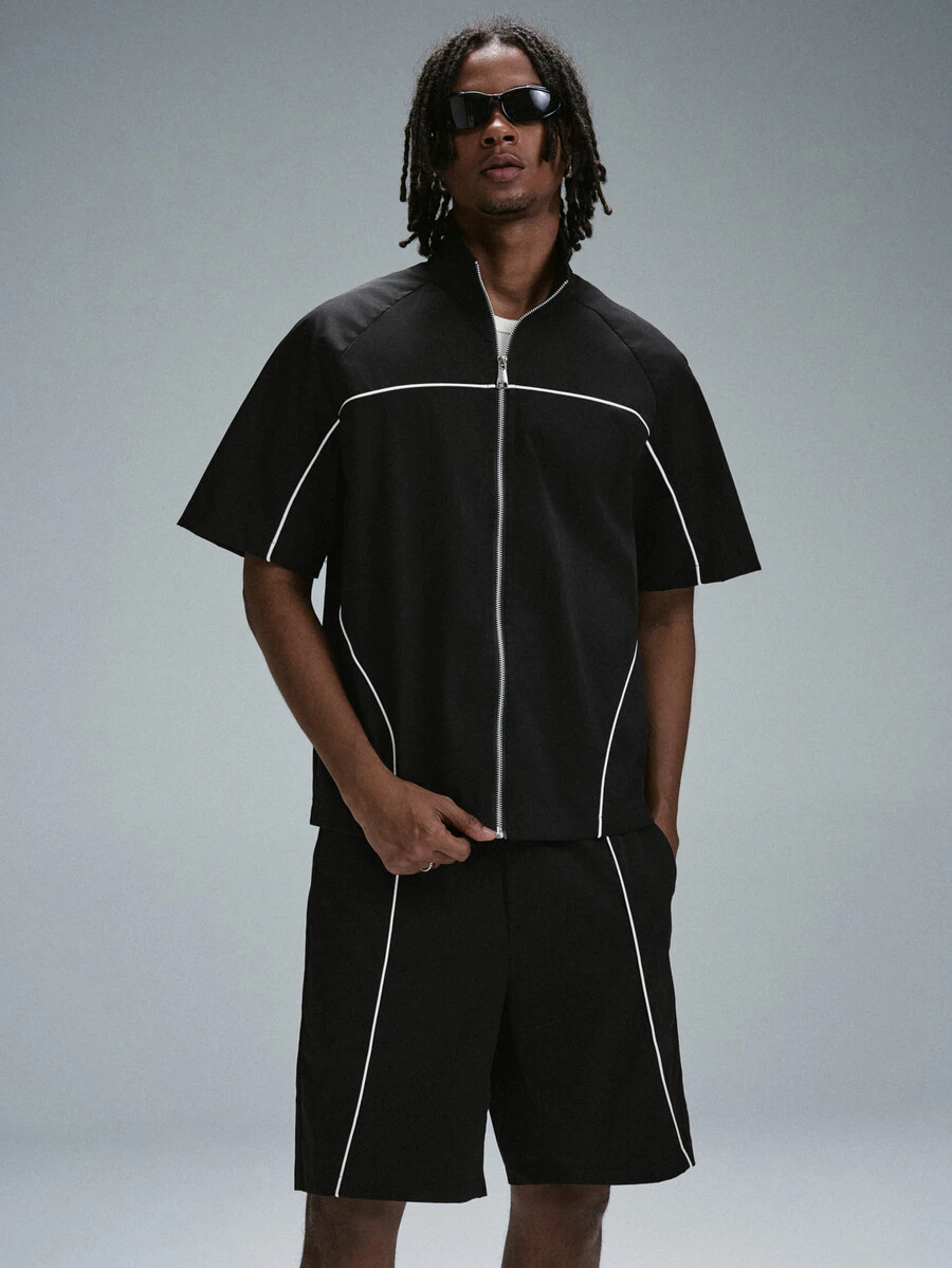 Manfinity Hypemode Men's Short Sleeve Zipper Placket Shirt And Shorts Casual Streetwear Set Vacation Beach Black And White Summer - Black - View 1