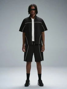 Manfinity Hypemode Men's Short Sleeve Zipper Placket Shirt And Shorts Casual Streetwear Set Vacation Beach Black And White Summer - Black - View 3