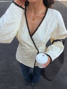 Siren Gaze 秋冬純色雙排扣前開襟外套，對比貝殼刺繡夾克，適合日常街頭穿著，不對稱領口，奶油色女款，秋冬休閒修身夾克，冬季女裝，法式風格女式外套 - 杏色 - 查看 12