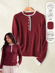 Rusticease Fall Winter Sweater Elegant Romantic Celestial Formal Christening Guest Party Confirmation Middle-Aged Women Contrast Lace Button Half-Placket Long - Red - View 3