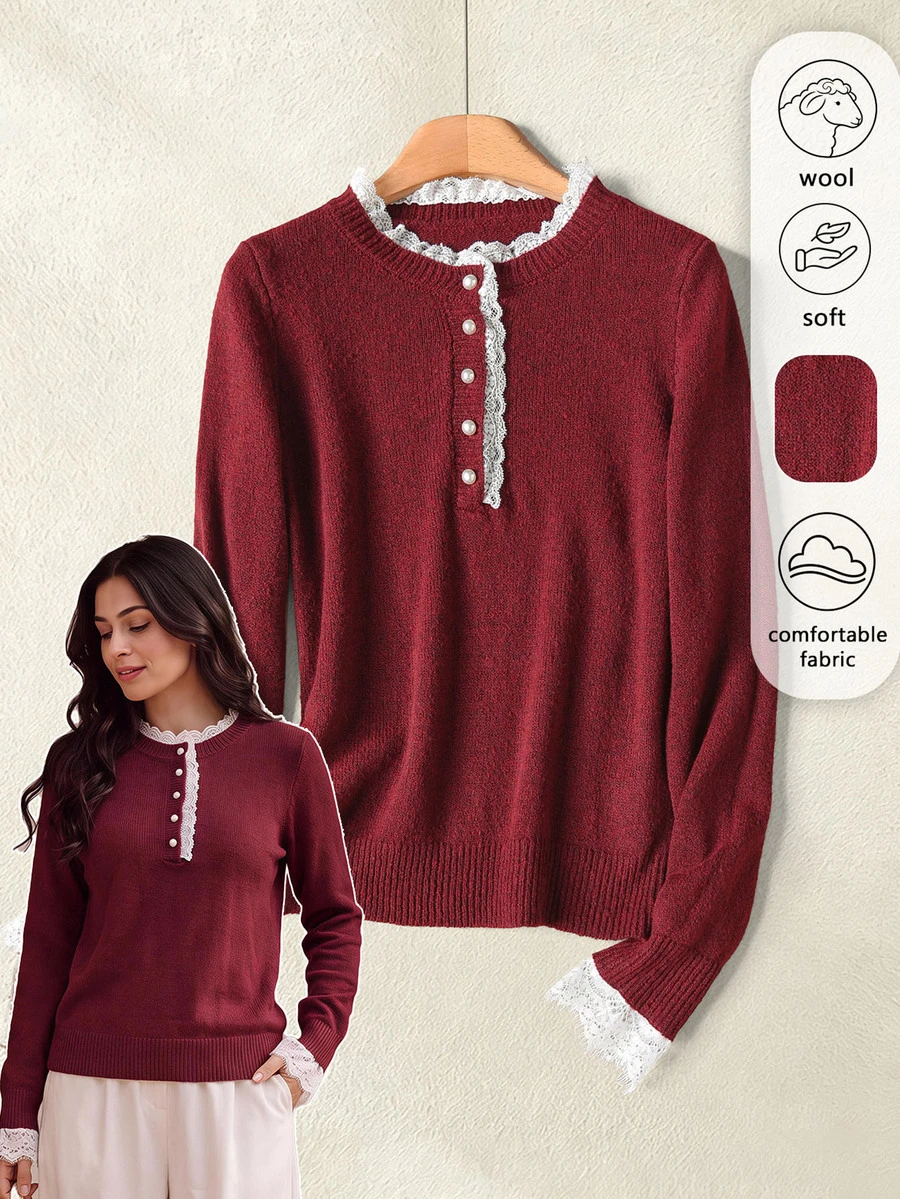 Rusticease Fall Winter Sweater Elegant Romantic Celestial Formal Christening Guest Party Confirmation Middle-Aged Women Contrast Lace Button Half-Placket Long