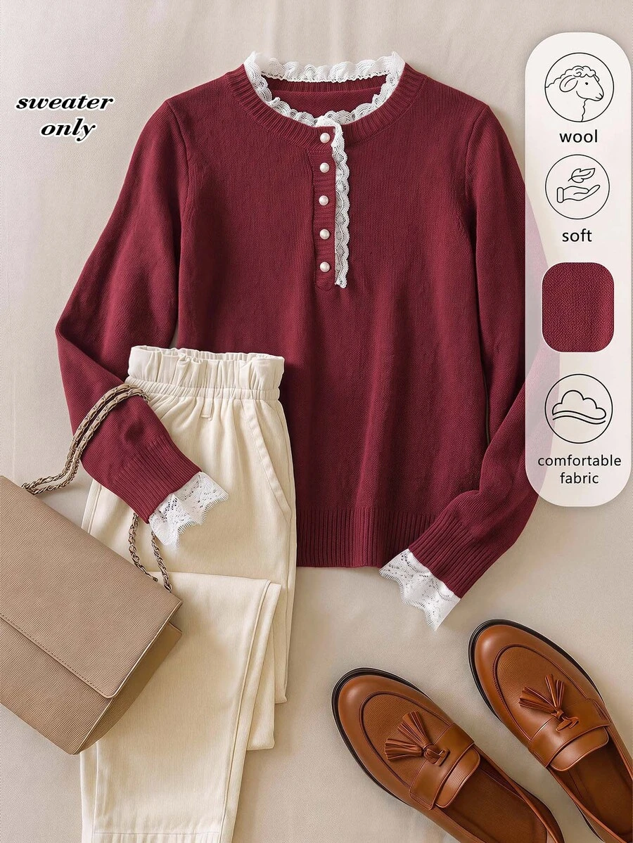 Rusticease Fall Winter Sweater Elegant Romantic Celestial Formal Christening Guest Party Confirmation Middle-Aged Women Contrast Lace Button Half-Placket Long - Red - View 1