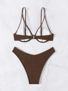 Swim Basics Summer Beach Solid Color Two-Piece Bikini Set Bathing Suit - Coffee Brown - View 3