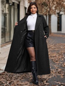 SHEIN Clasi Plus Size Women's Solid Color Long Sleeve Lapel Neck Double Breasted Elegant Overcoat - Black - View 5