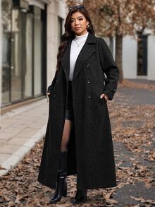 SHEIN Clasi Plus Size Women's Solid Color Long Sleeve Lapel Neck Double Breasted Elegant Overcoat - Black - View 8