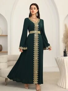 Al Najma Al-Adha 2025 New Olive Green V-Neck Arabic Style Dress,Gold Lace Pearl Embroidery Patchwork Abayas Dubai Luxury Modest Full Length Jalabiya Party - Dark Green - View 4