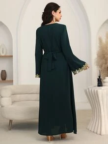Al Najma Al-Adha 2025 New Olive Green V-Neck Arabic Style Dress,Gold Lace Pearl Embroidery Patchwork Abayas Dubai Luxury Modest Full Length Jalabiya Party - Dark Green - View 2