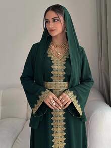 Al Najma Al-Adha 2025 New Olive Green V-Neck Arabic Style Dress,Gold Lace Pearl Embroidery Patchwork Abayas Dubai Luxury Modest Full Length Jalabiya Party - Dark Green - View 1