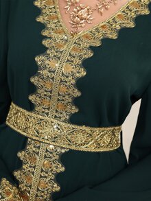 Al Najma Al-Adha 2025 New Olive Green V-Neck Arabic Style Dress,Gold Lace Pearl Embroidery Patchwork Abayas Dubai Luxury Modest Full Length Jalabiya Party - Dark Green - View 6