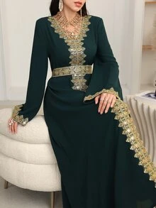 Al Najma Al-Adha 2025 New Olive Green V-Neck Arabic Style Dress,Gold Lace Pearl Embroidery Patchwork Abayas Dubai Luxury Modest Full Length Jalabiya Party - Dark Green - View 7