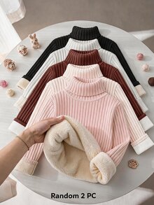 SHEIN 女童隨機 2 件組 羅紋針織高領毛衣 冬季返校長袖套頭上衣 2 件套女童套裝 - 彩色 - 查看 7