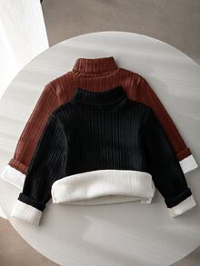 SHEIN 女童隨機 2 件組 羅紋針織高領毛衣 冬季返校長袖套頭上衣 2 件套女童套裝 - 彩色 - 查看 9