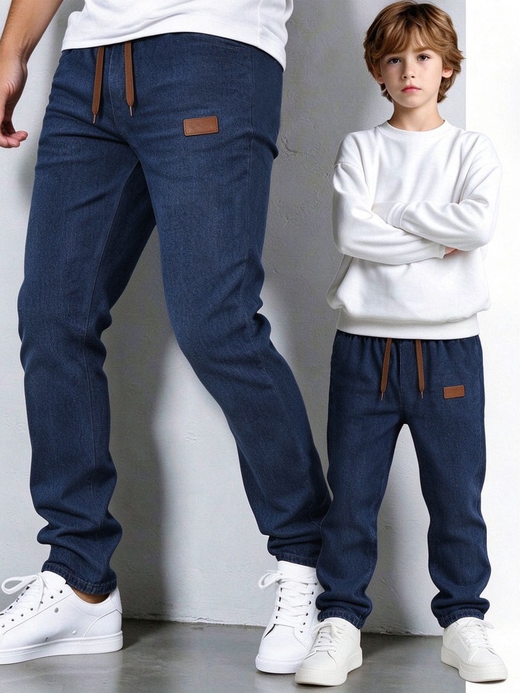 SHEIN Casual Elastic Waist Adjustable Drawstring Solid Color Slim Fit Stretch Skinny Jeans Pants Tween Boys Students Campus Wear Back-To-School Winter Blue - Dark Wash - View 7