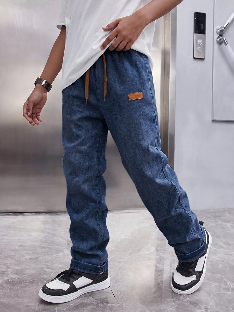 SHEIN Casual Elastic Waist Adjustable Drawstring Solid Color Slim Fit Stretch Skinny Jeans Pants Tween Boys Students Campus Wear Back-To-School Winter Blue - Dark Wash - View 8