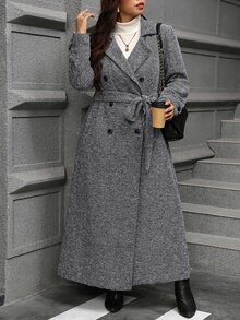 SHEIN Clasi 大尺碼街頭風鈕扣翻領長袖大衣 冬季 - 灰色 - 查看 5