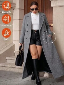 SHEIN Clasi 大尺碼街頭風鈕扣翻領長袖大衣 冬季 - 灰色 - 查看 8