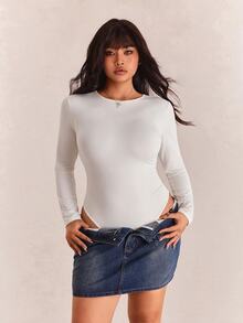 SHEIN EZwear 大码纯色长袖紧身衣 - 白色 - 查看 4
