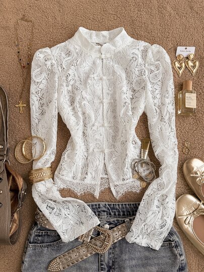 Attitoon Women's Casual Minimalist Retro Punk Y2K Versatile Party Lace Patchwork Stand Collar Frog Button Chinese Style, New Chinese Style, Music Festival Outfit, Gothic Outfit, Women's Summer Outfit