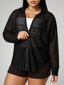 Rhythm Era Plus Size Solid Color Sheer Jacquard Hooded Long Sleeve Sports Jacket Fall - Black - View 3