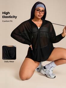 Rhythm Era Plus Size Solid Color Sheer Jacquard Hooded Long Sleeve Sports Jacket Fall - Black - View 1
