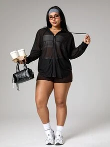 Rhythm Era Plus Size Solid Color Sheer Jacquard Hooded Long Sleeve Sports Jacket Fall - Black - View 8