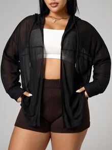 Rhythm Era Plus Size Solid Color Sheer Jacquard Hooded Long Sleeve Sports Jacket Fall - Black - View 7
