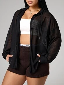 Rhythm Era Plus Size Solid Color Sheer Jacquard Hooded Long Sleeve Sports Jacket Fall - Black - View 5