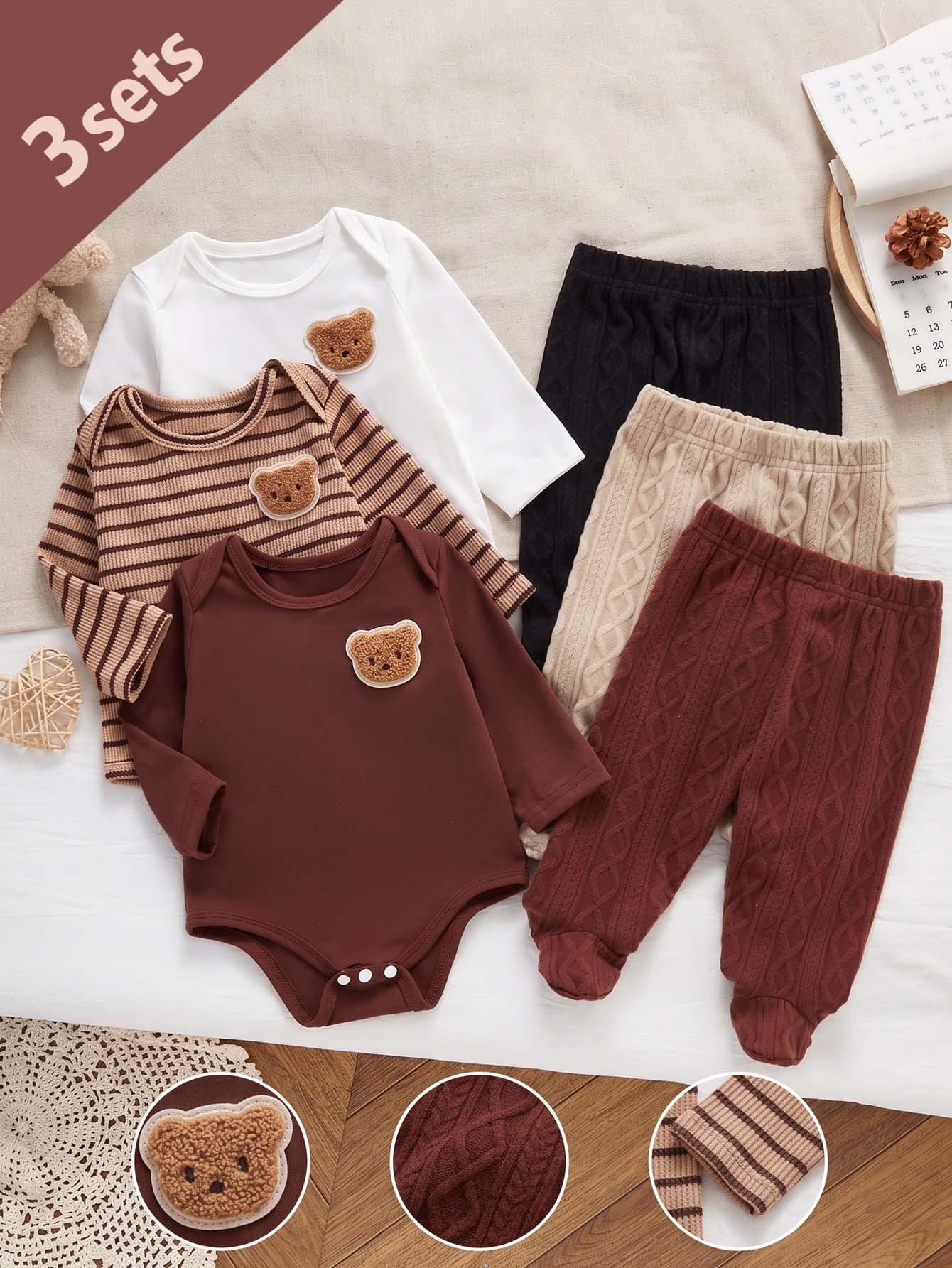 6pcs/Set Autumn/Winter Newborn Baby Set, Cute Bear Pattern, Soft & Comfortable Long Sleeve Jumpsuit, Romper, Thickened Brushed Cable Knit Ribbed Footed Pants, Home Wear - Multicolor - View 1