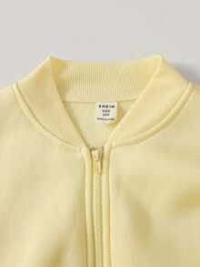 SHEIN 青少年女孩秋冬休閒保暖內裡加厚街頭風 Y2K 色塊拼接黃色與粉色拉鍊棒球夾克與配套長褲 2 件套 - 粉色 - 查看 6